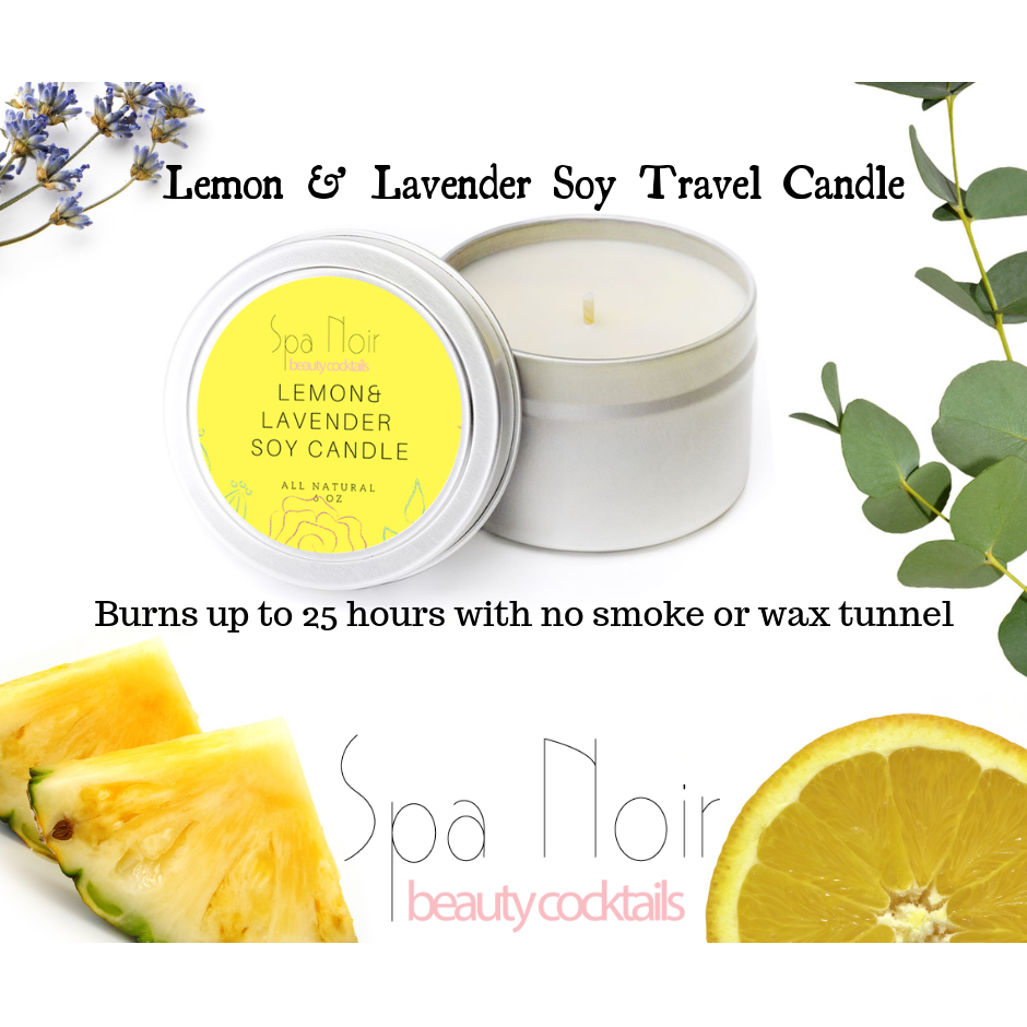 Lemon and Lavender Aromatherapy Candle in a recyclable aluminum container, showcasing its natural soy wax and calming fragrance.