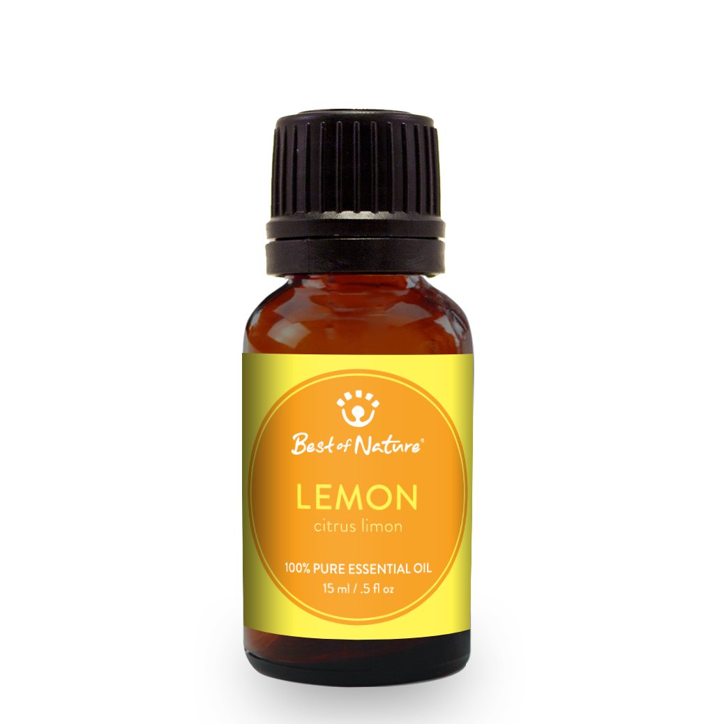 A bottle of 100% pure lemon essential oil with fresh lemons in the background, showcasing its vibrant yellow color.