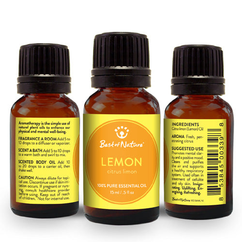 A bottle of 100% pure lemon essential oil with fresh lemons in the background, showcasing its vibrant yellow color.