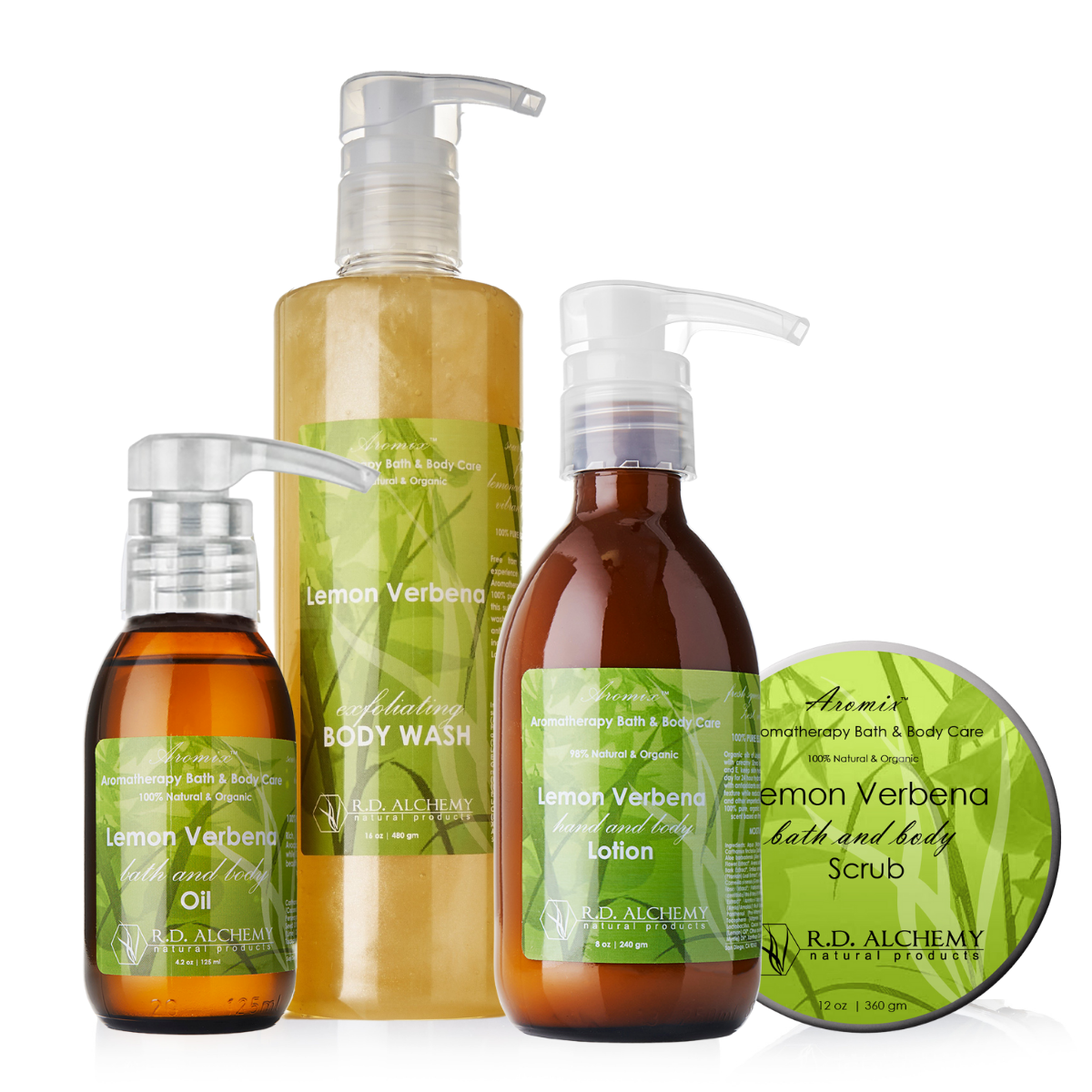 Lemon Verbena Body Care Set featuring body wash, scrub, lotion, and hand cream in elegant packaging with a citrus theme.