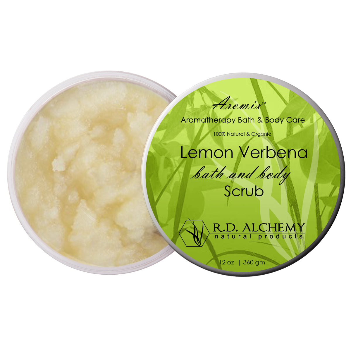 Lemon Verbena Sea Salt Body Scrub in a clear jar, showcasing its textured scrub with a bright lemon scent.