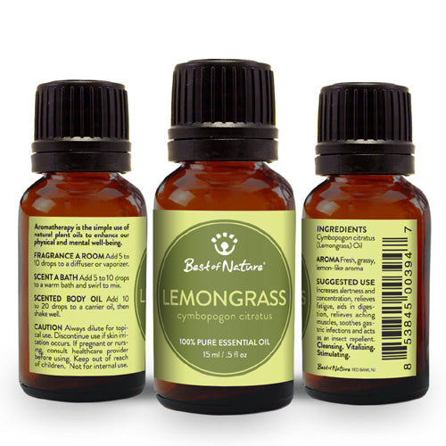 A bottle of 100% pure Lemongrass Essential Oil with fresh lemongrass stalks in the background, showcasing its natural essence.