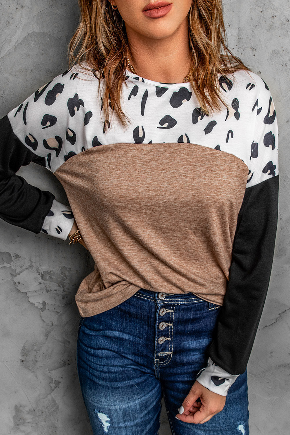 Leopard Colorblock Long Sleeve Top featuring a stylish leopard print and vibrant color blocks, perfect for casual wear.