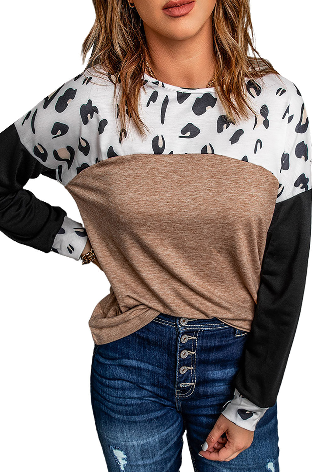 Leopard Colorblock Long Sleeve Top featuring a stylish leopard print and vibrant color blocks, perfect for casual wear.