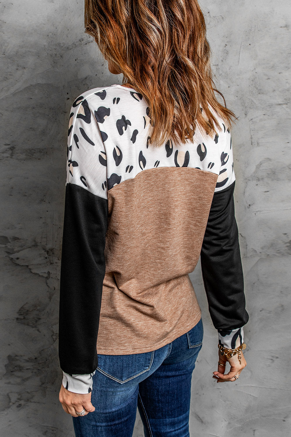 Leopard Colorblock Long Sleeve Top featuring a stylish leopard print and vibrant color blocks, perfect for casual wear.