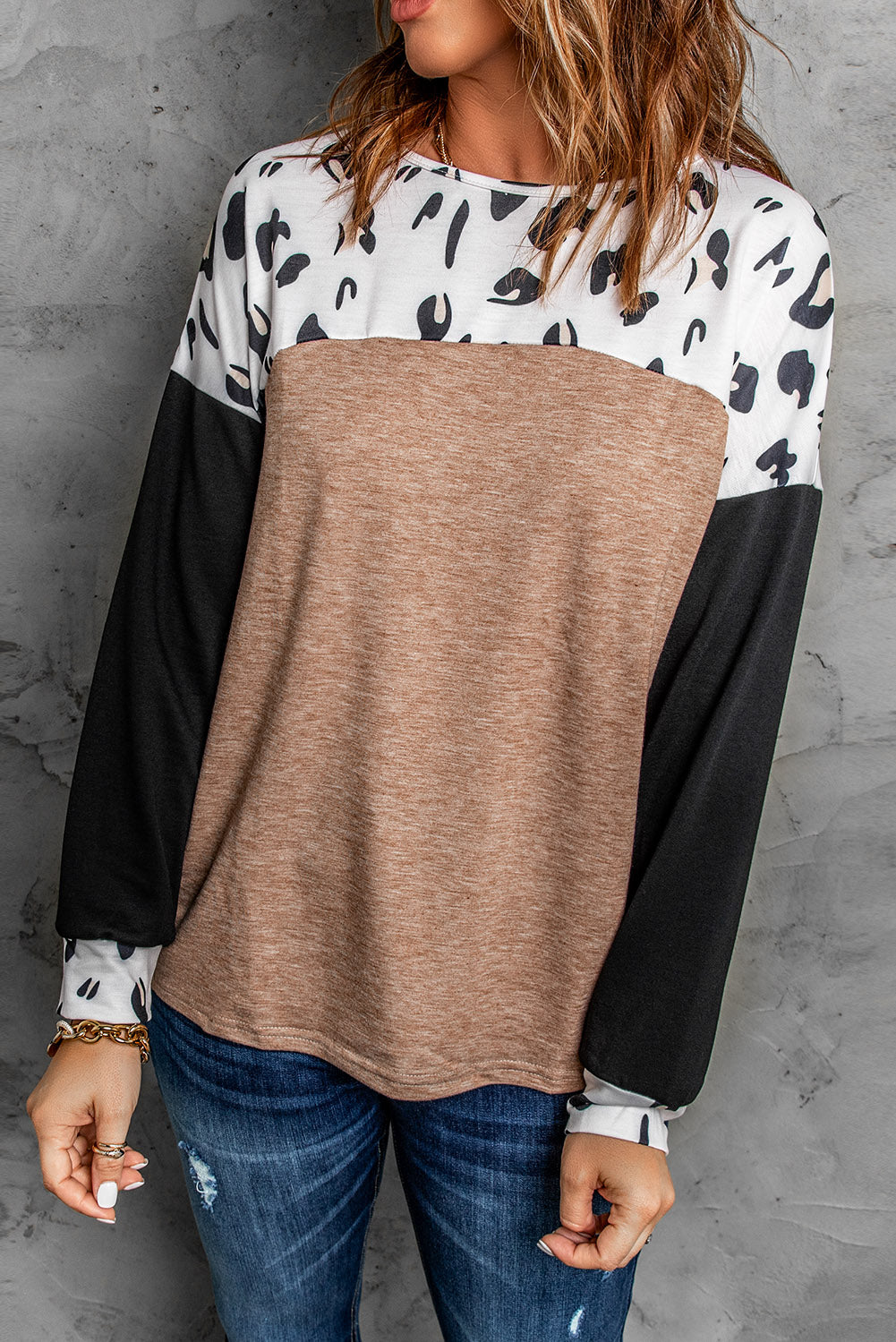 Leopard Colorblock Long Sleeve Top featuring a stylish leopard print and vibrant color blocks, perfect for casual wear.