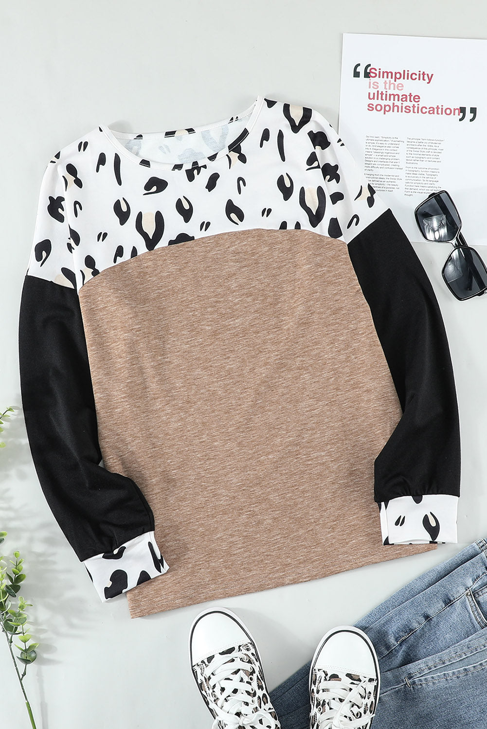 Leopard Colorblock Long Sleeve Top featuring a stylish leopard print and vibrant color blocks, perfect for casual wear.