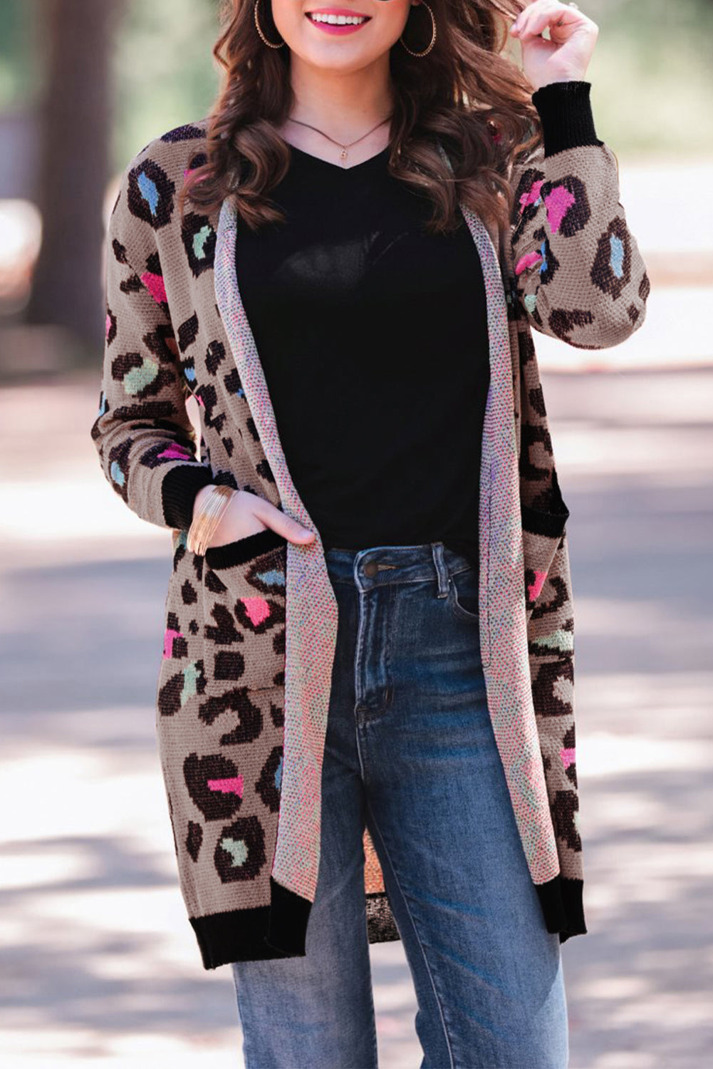 Leopard Contrast Trim Pocketed Open Cardigan featuring a fierce animal print design with pockets and an open front style.