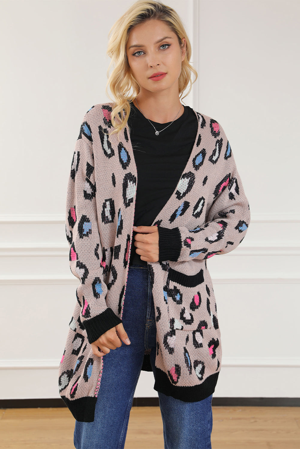 Leopard Contrast Trim Pocketed Open Cardigan featuring a fierce animal print design with pockets and an open front style.