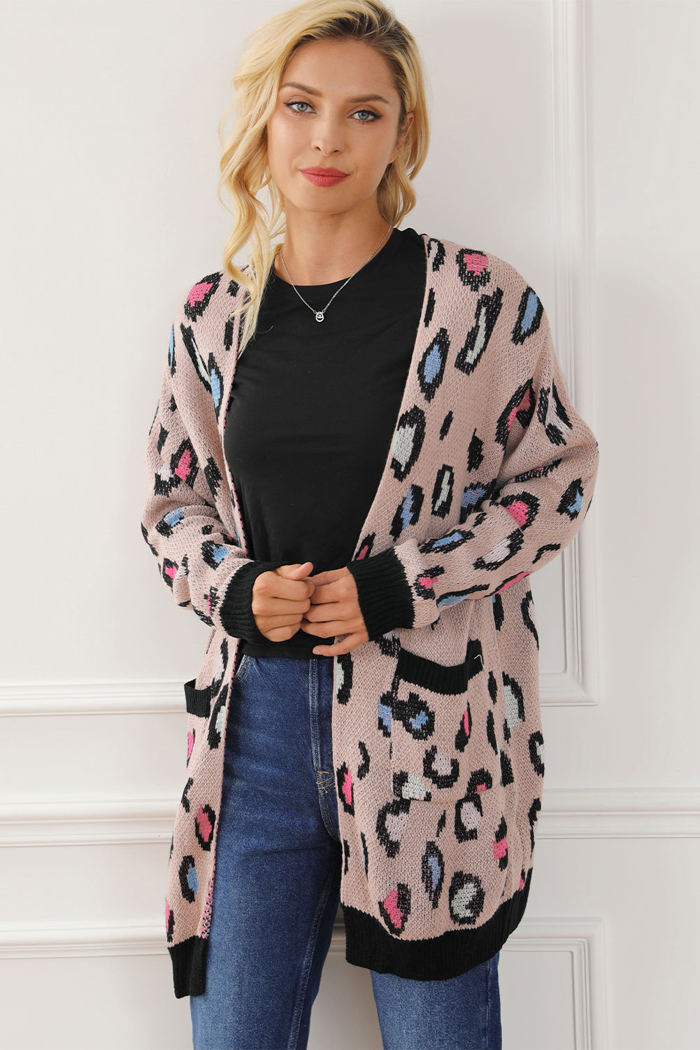 Leopard Contrast Trim Pocketed Open Cardigan featuring a fierce animal print design with pockets and an open front style.