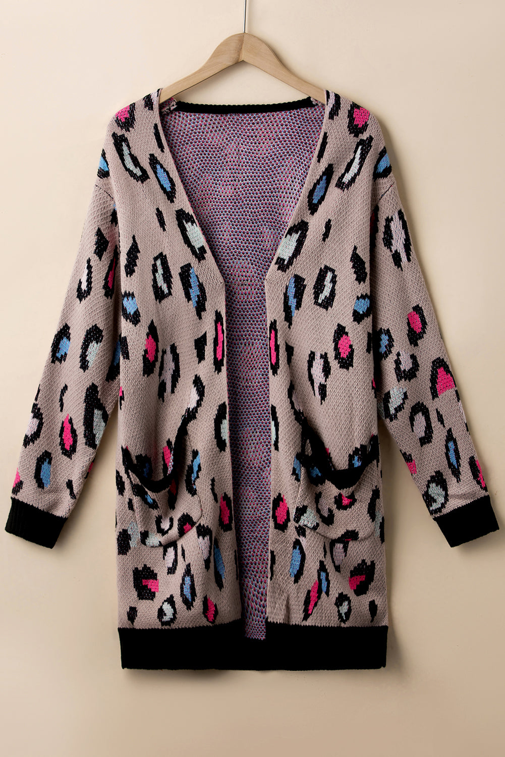 Leopard Contrast Trim Pocketed Open Cardigan featuring a fierce animal print design with pockets and an open front style.