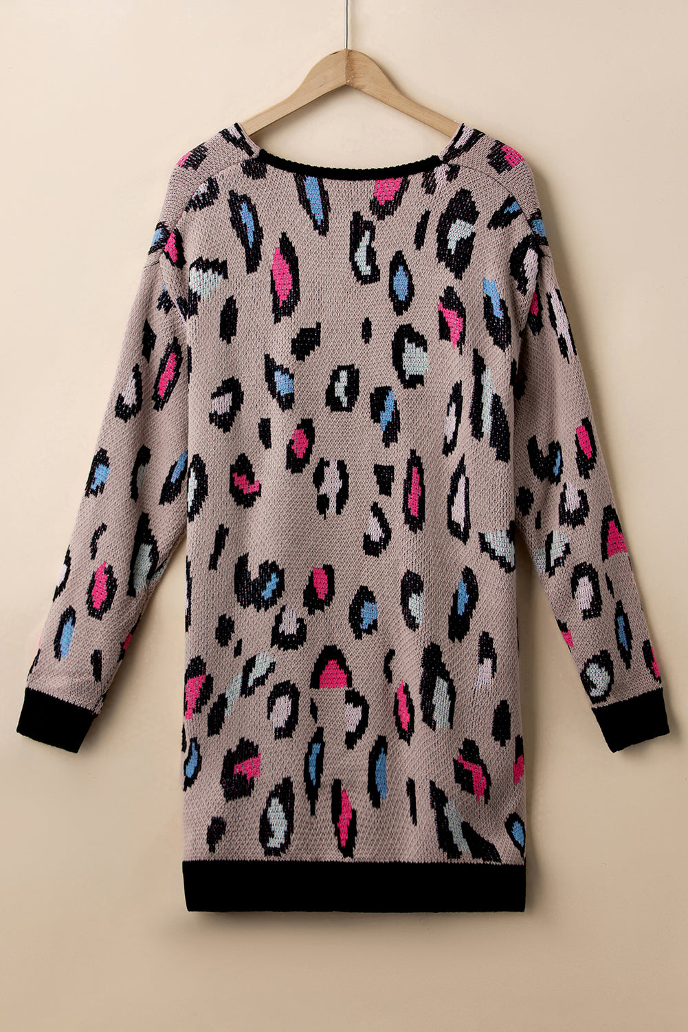 Leopard Contrast Trim Pocketed Open Cardigan featuring a fierce animal print design with pockets and an open front style.