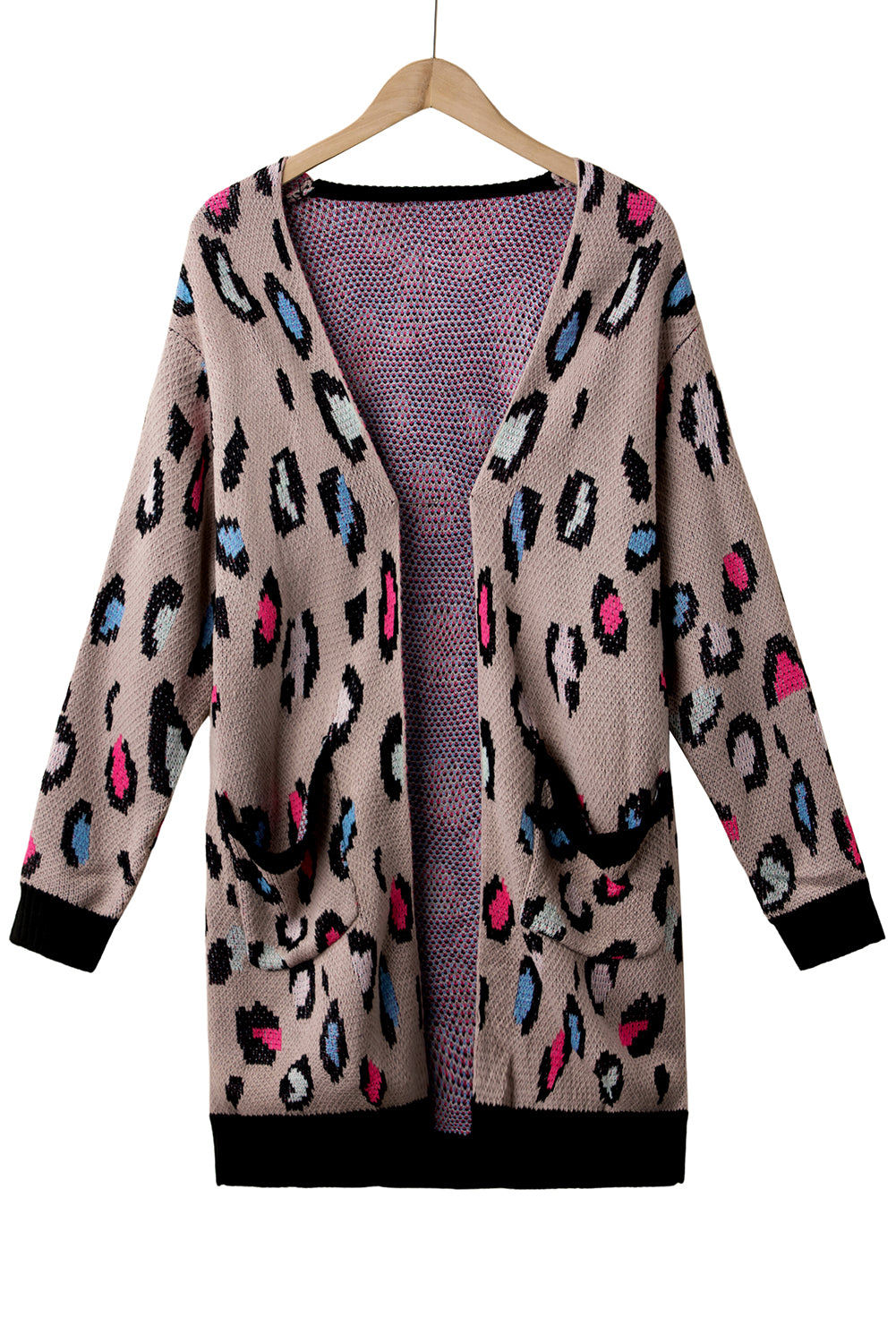 Leopard Contrast Trim Pocketed Open Cardigan featuring a fierce animal print design with pockets and an open front style.