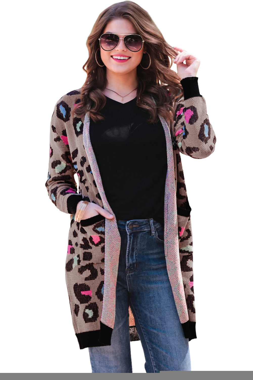 Leopard Contrast Trim Pocketed Open Cardigan featuring a fierce animal print design with pockets and an open front style.