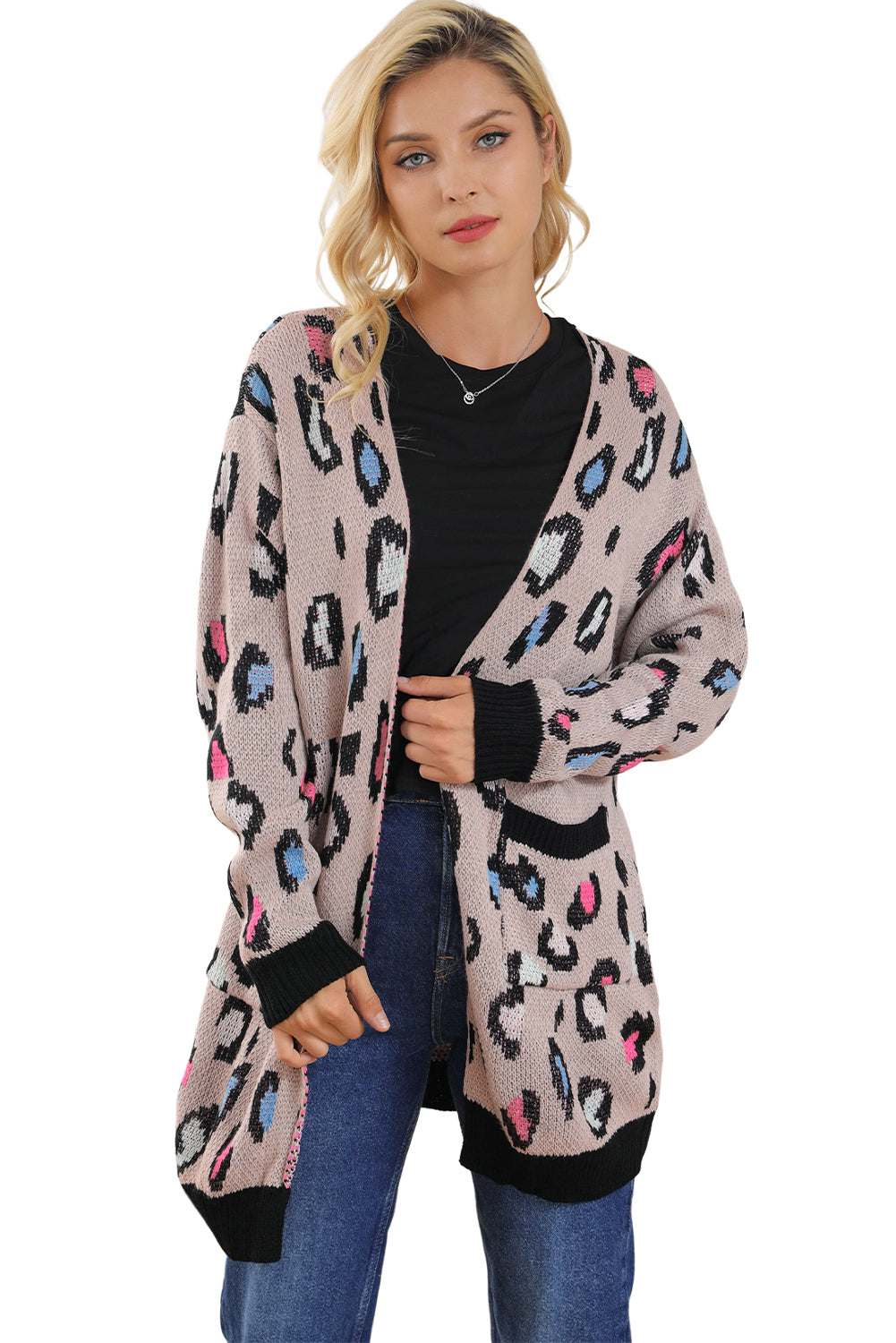 Leopard Contrast Trim Pocketed Open Cardigan featuring a fierce animal print design with pockets and an open front style.