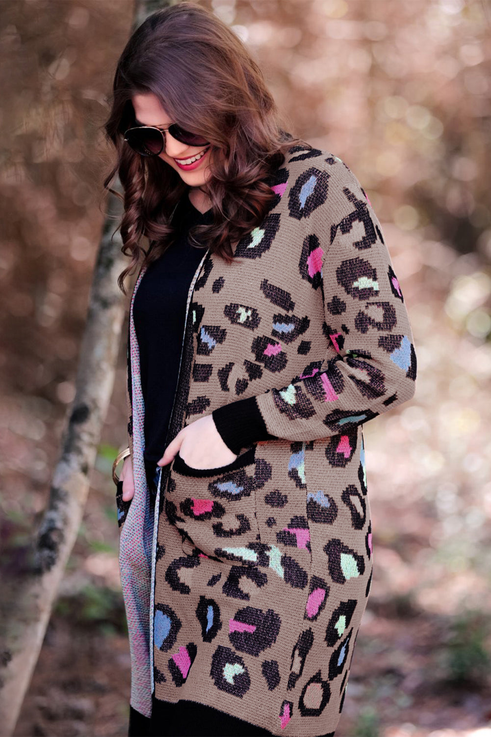 Leopard Contrast Trim Pocketed Open Cardigan featuring a fierce animal print design with pockets and an open front style.