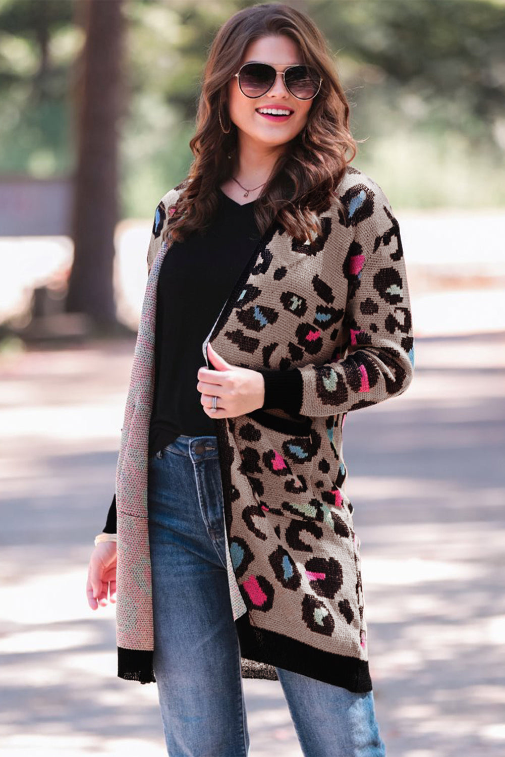 Leopard Contrast Trim Pocketed Open Cardigan featuring a fierce animal print design with pockets and an open front style.