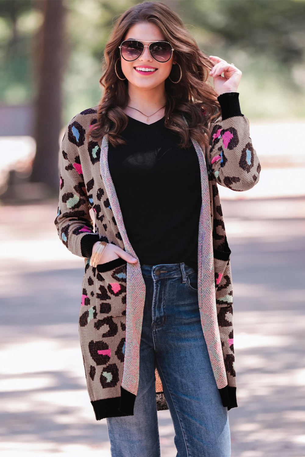 Leopard Contrast Trim Pocketed Open Cardigan featuring a fierce animal print design with pockets and an open front style.