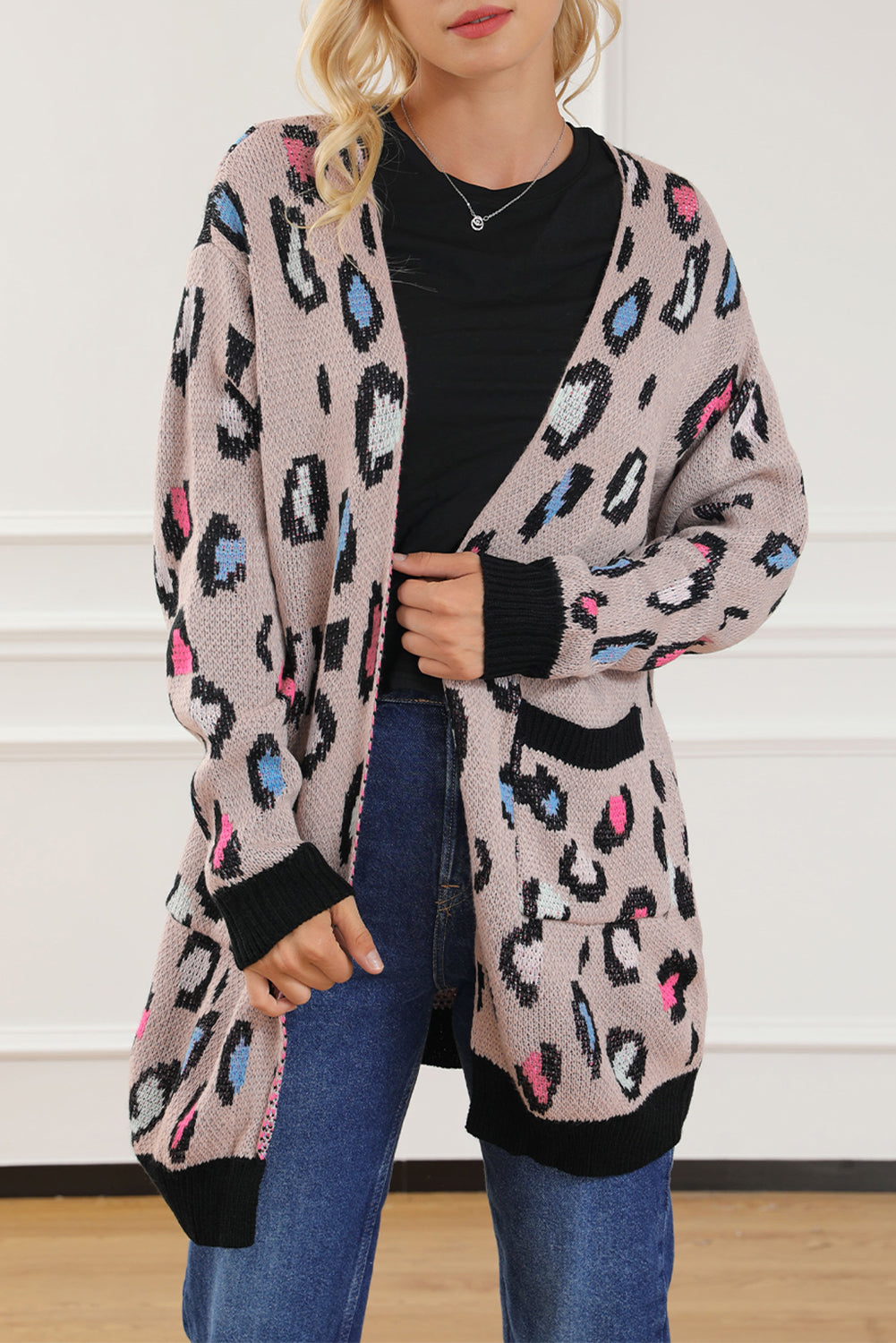 Leopard Contrast Trim Pocketed Open Cardigan featuring a fierce animal print design with pockets and an open front style.