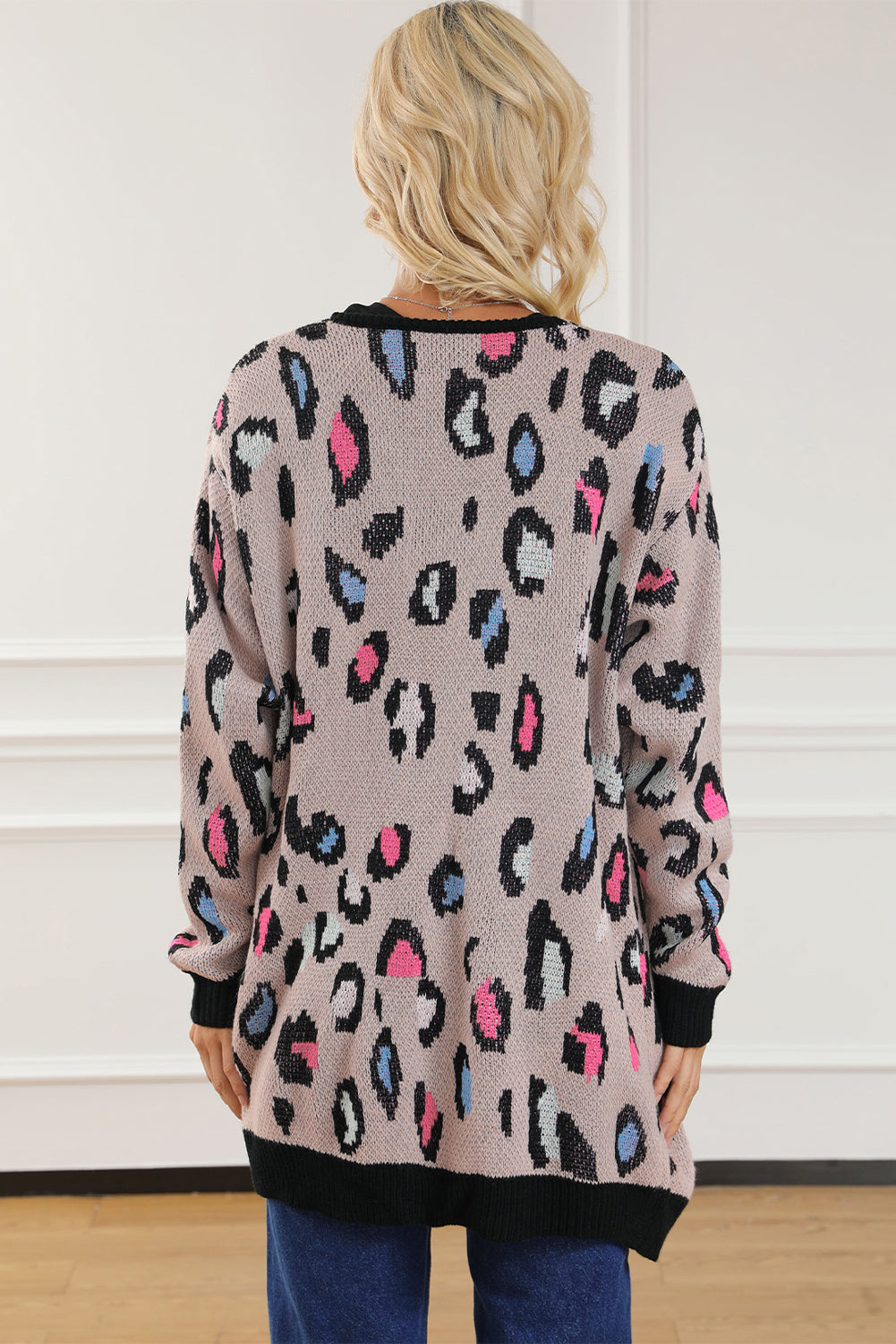 Leopard Contrast Trim Pocketed Open Cardigan featuring a fierce animal print design with pockets and an open front style.