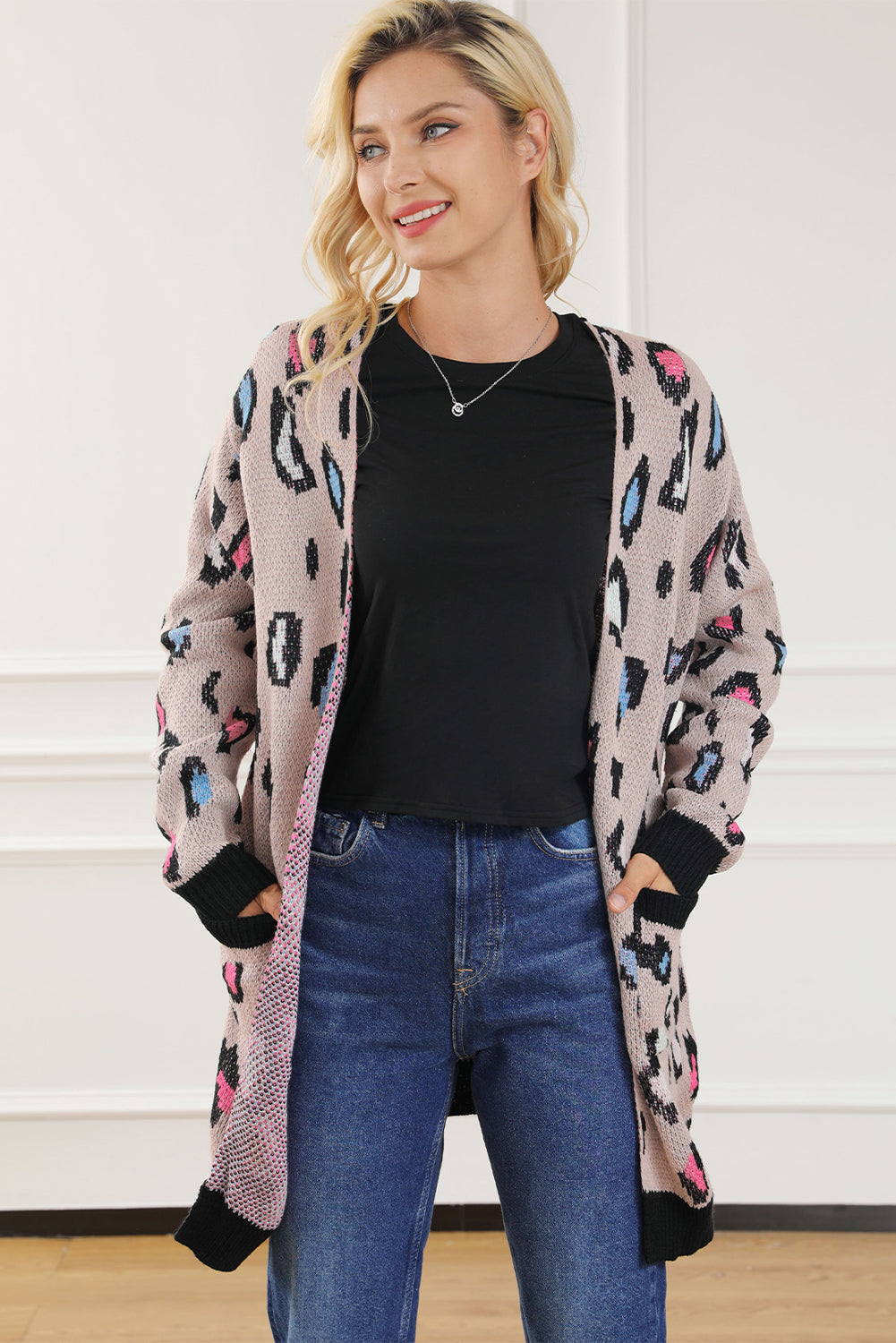 Leopard Contrast Trim Pocketed Open Cardigan featuring a fierce animal print design with pockets and an open front style.