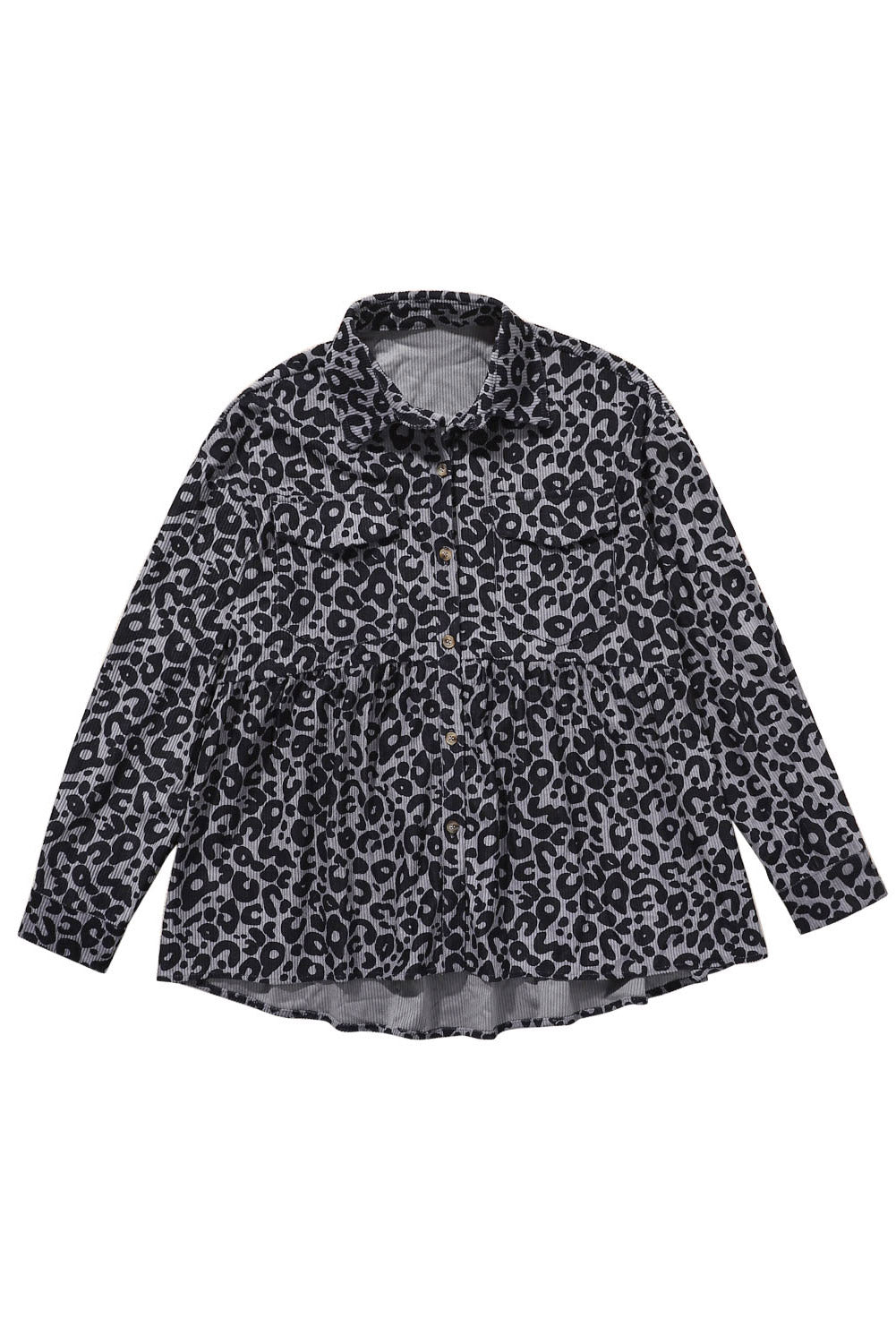 Leopard Corduroy Ruffled Shacket featuring a stylish leopard print, ruffled details, and flap pockets, perfect for modern women's fashion.