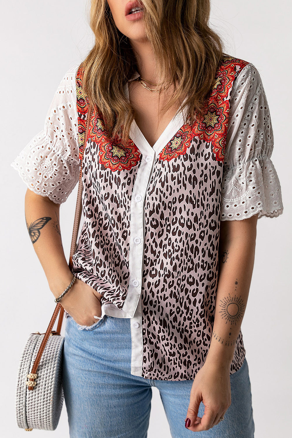 Leopard Mandala Hollow-out Sleeves T-shirt featuring floral pattern sleeves and a relaxed fit, perfect for bohemian style lovers.