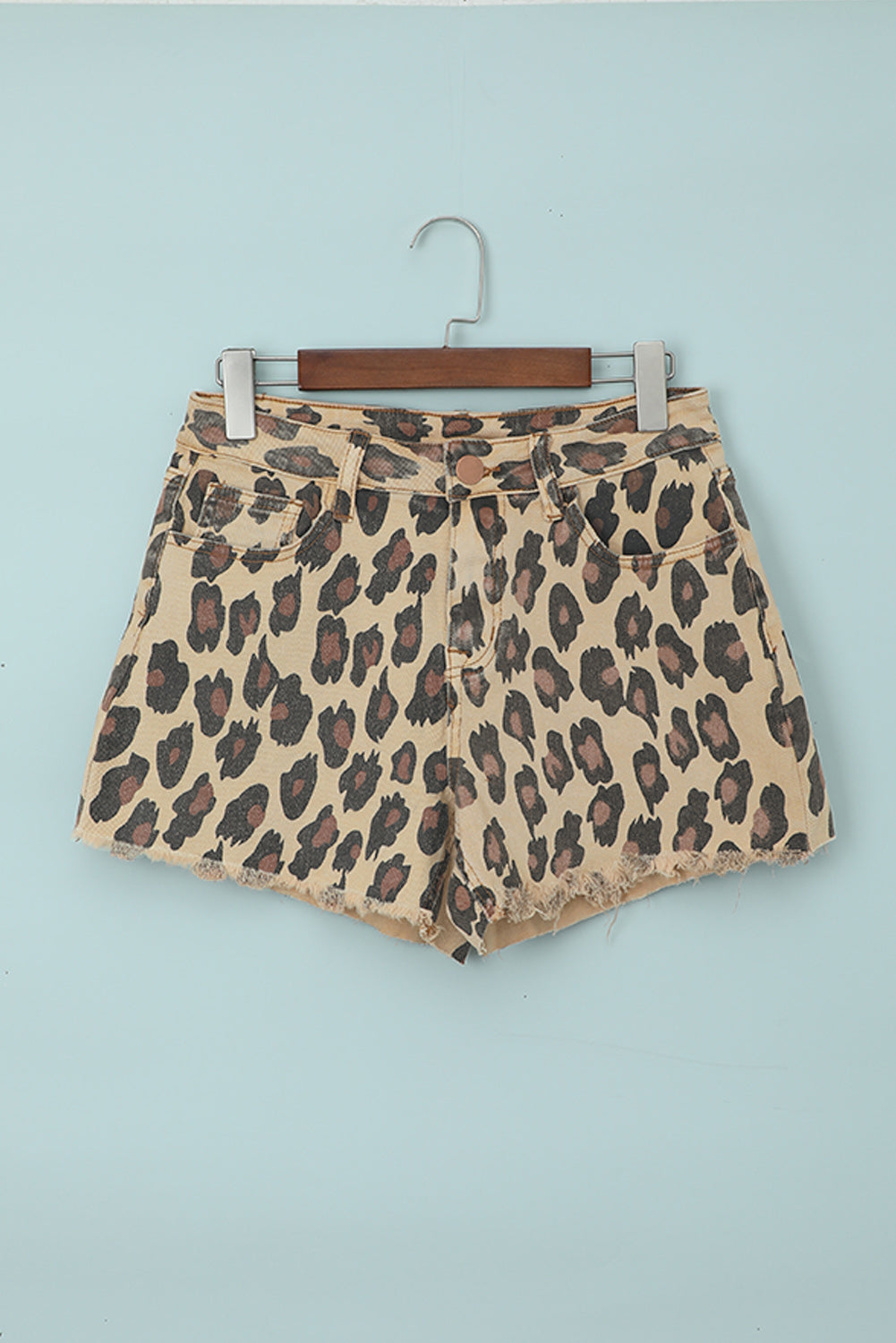 Leopard Mid Waist Frayed Hemline Denim Shorts showcasing a stylish leopard print and frayed hemline, perfect for summer fashion.