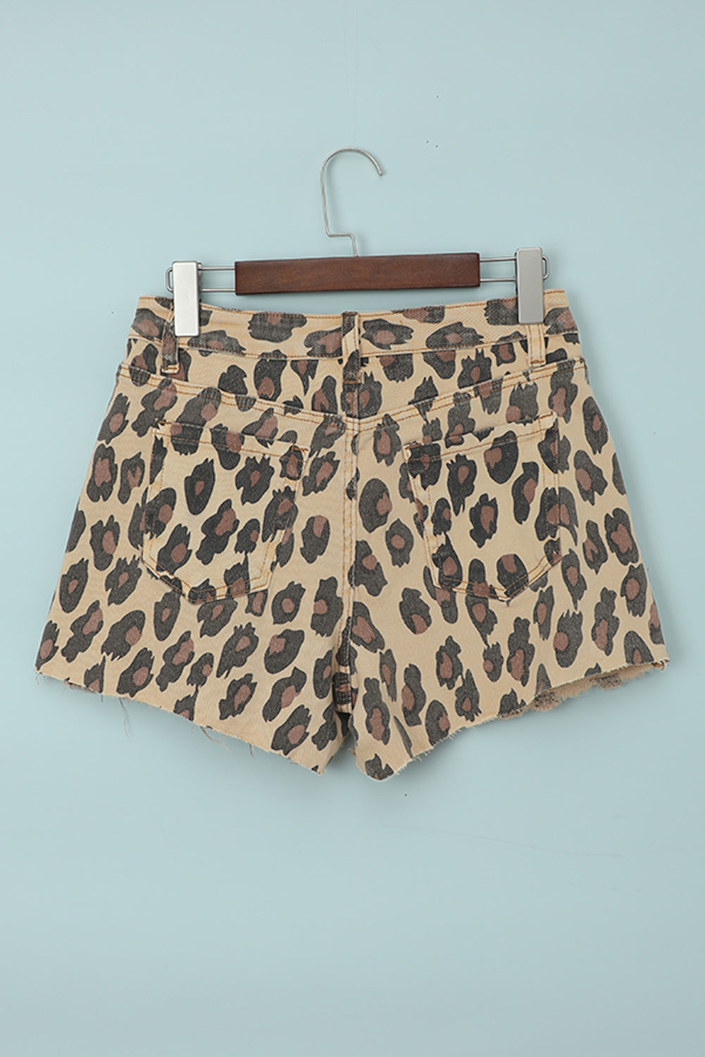 Leopard Mid Waist Frayed Hemline Denim Shorts showcasing a stylish leopard print and frayed hemline, perfect for summer fashion.