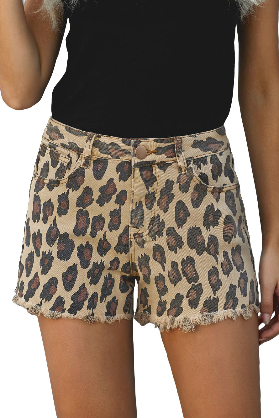 Leopard Mid Waist Frayed Hemline Denim Shorts showcasing a stylish leopard print and frayed hemline, perfect for summer fashion.