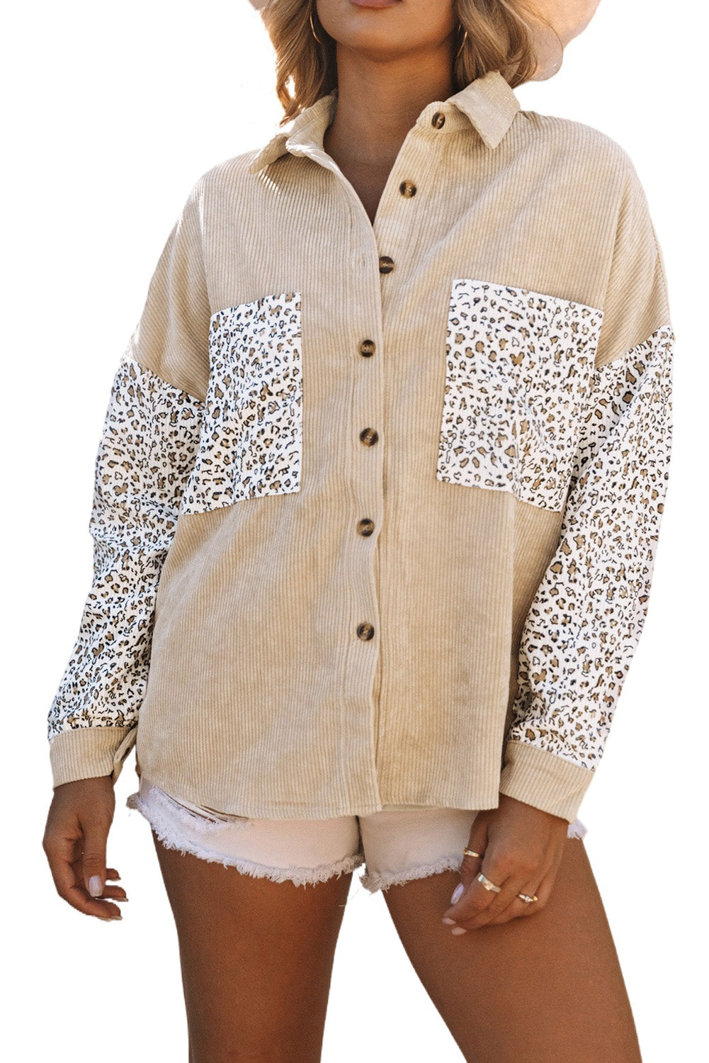 Leopard Patchwork Corduroy Buttoned Shirt Jacket featuring a stylish design with a turn-down collar and high-low hemline.