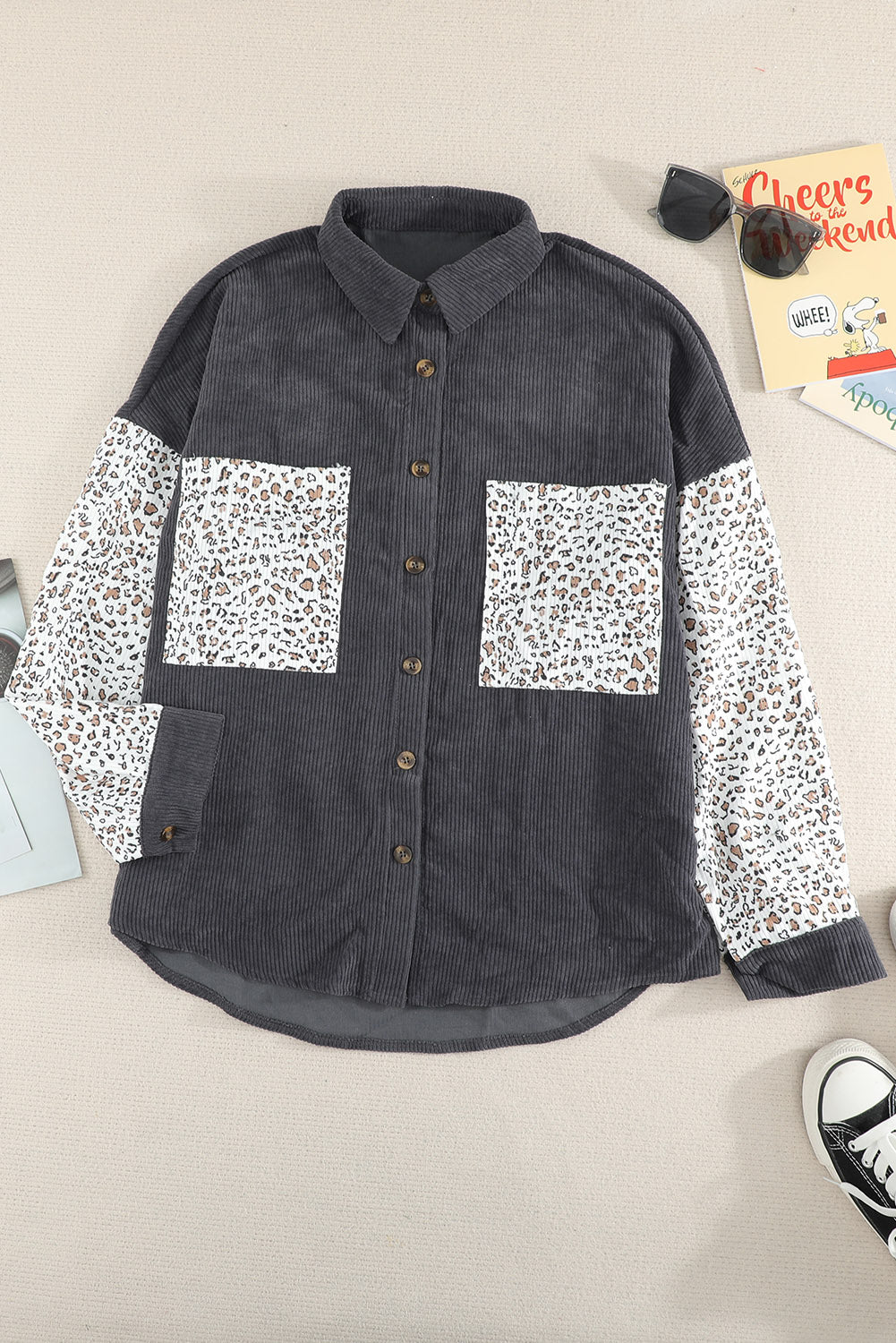 Leopard Patchwork Corduroy Buttoned Shirt Jacket featuring a stylish design with a turn-down collar and high-low hemline.