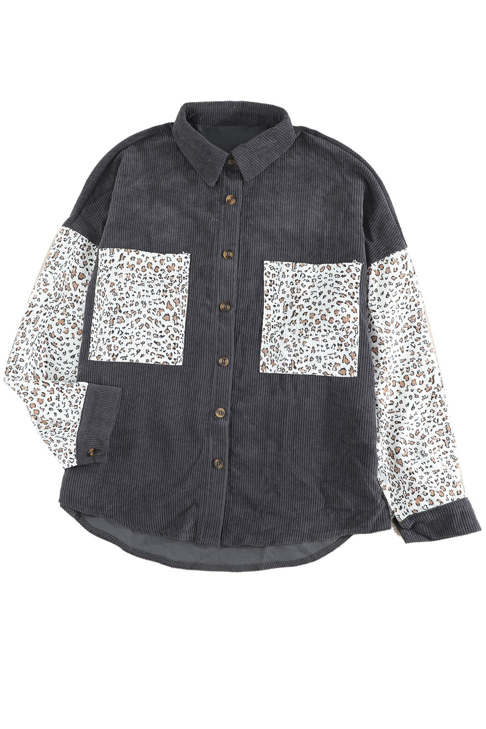 Leopard Patchwork Corduroy Buttoned Shirt Jacket featuring a stylish design with a turn-down collar and high-low hemline.