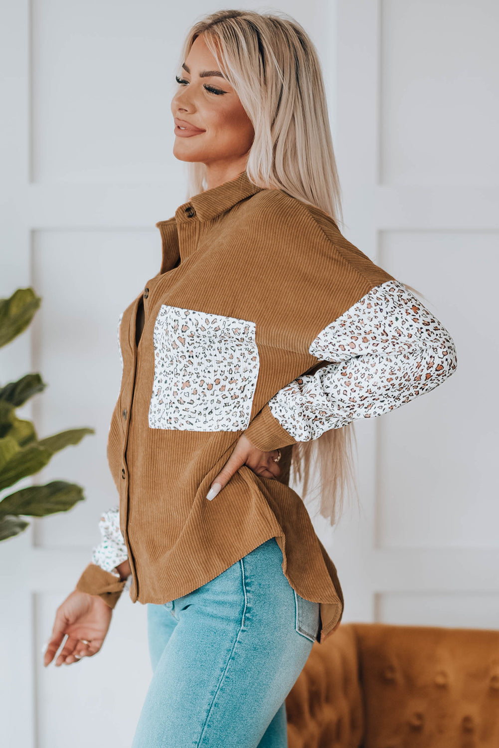 Leopard Patchwork Corduroy Buttoned Shirt Jacket featuring a stylish design with a turn-down collar and high-low hemline.