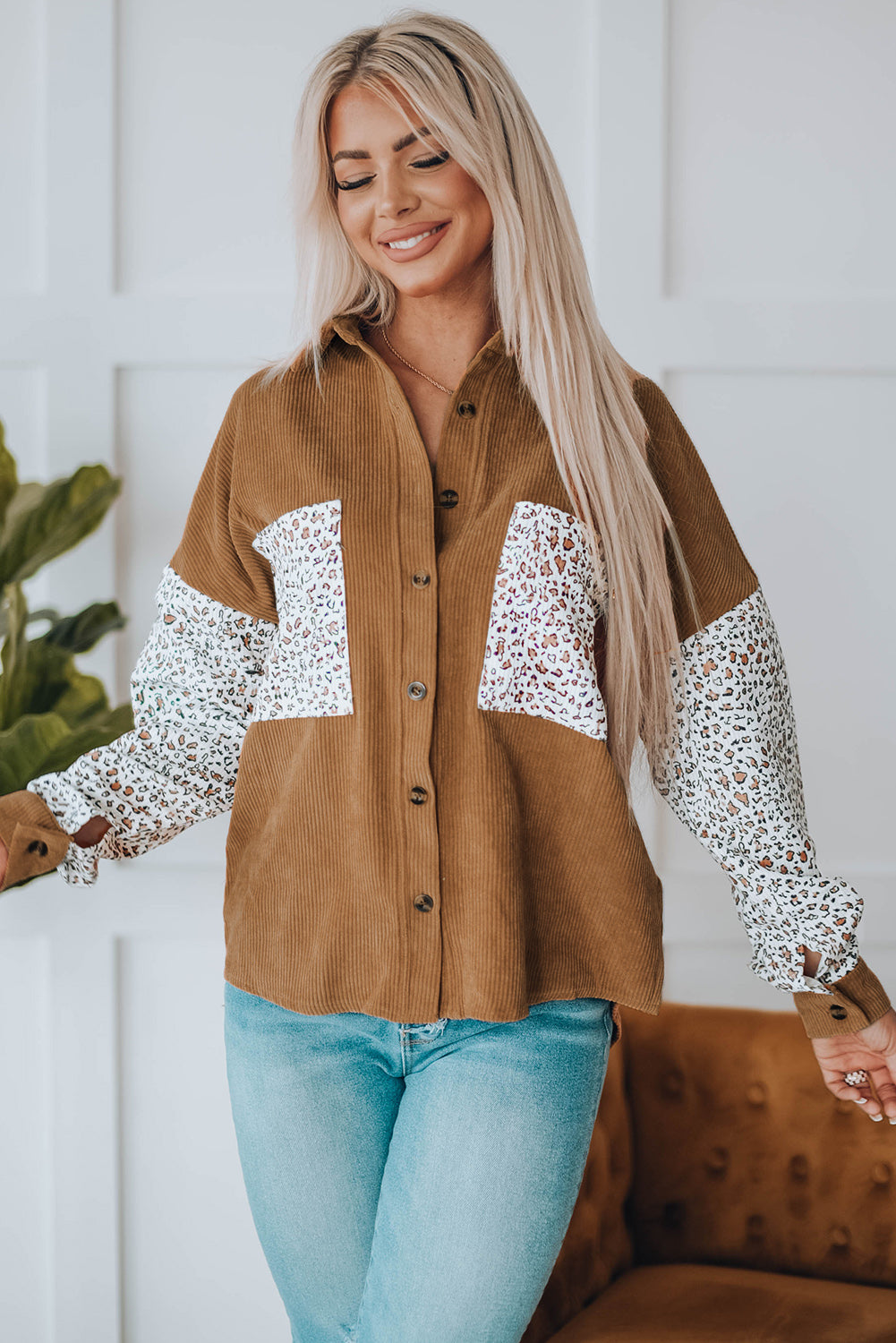 Leopard Patchwork Corduroy Buttoned Shirt Jacket featuring a stylish design with a turn-down collar and high-low hemline.