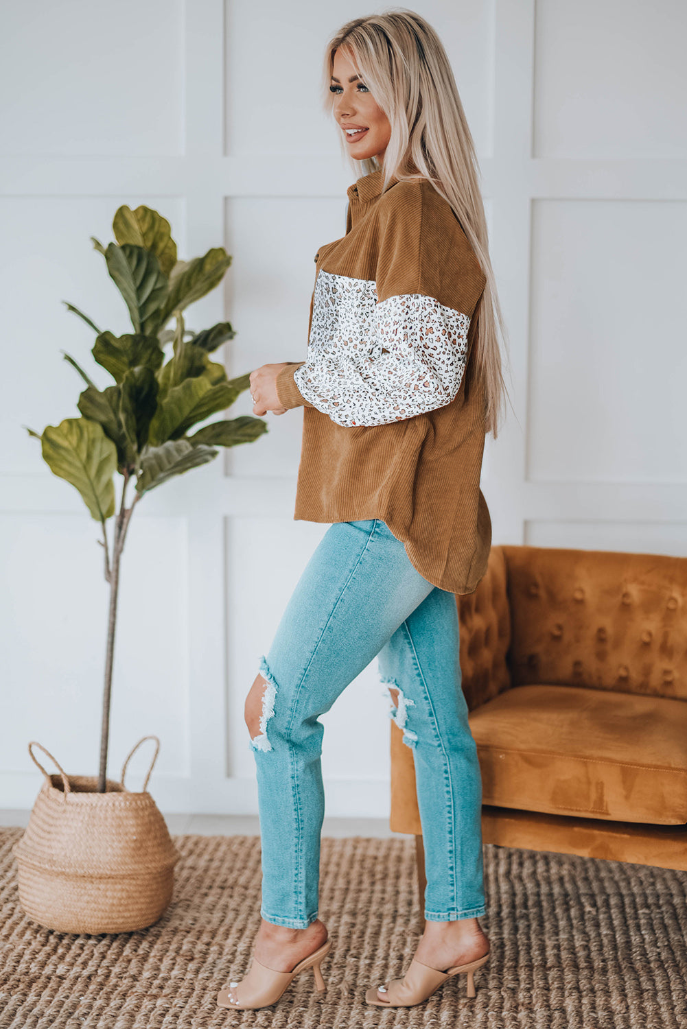 Leopard Patchwork Corduroy Buttoned Shirt Jacket featuring a stylish design with a turn-down collar and high-low hemline.