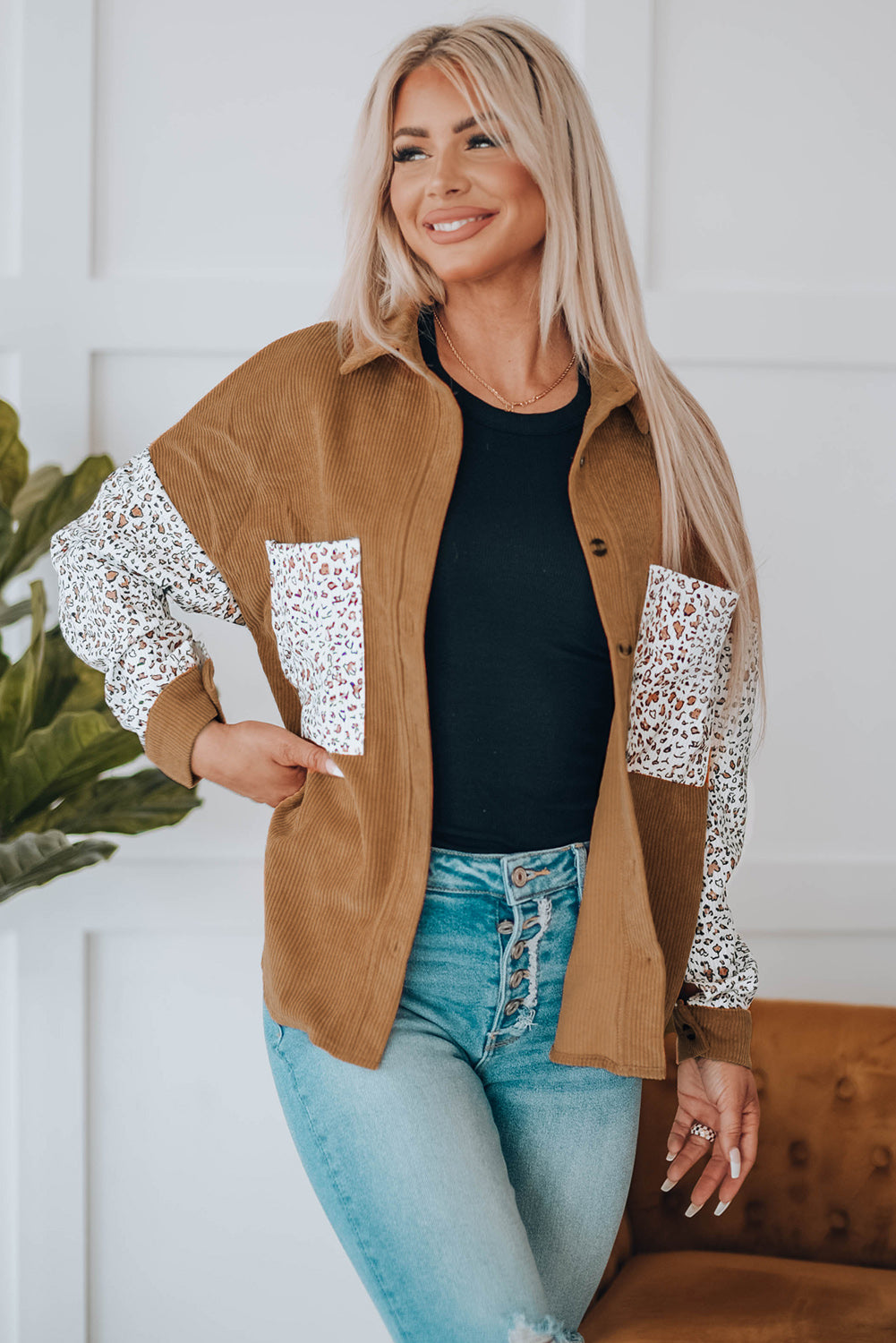 Leopard Patchwork Corduroy Buttoned Shirt Jacket featuring a stylish design with a turn-down collar and high-low hemline.