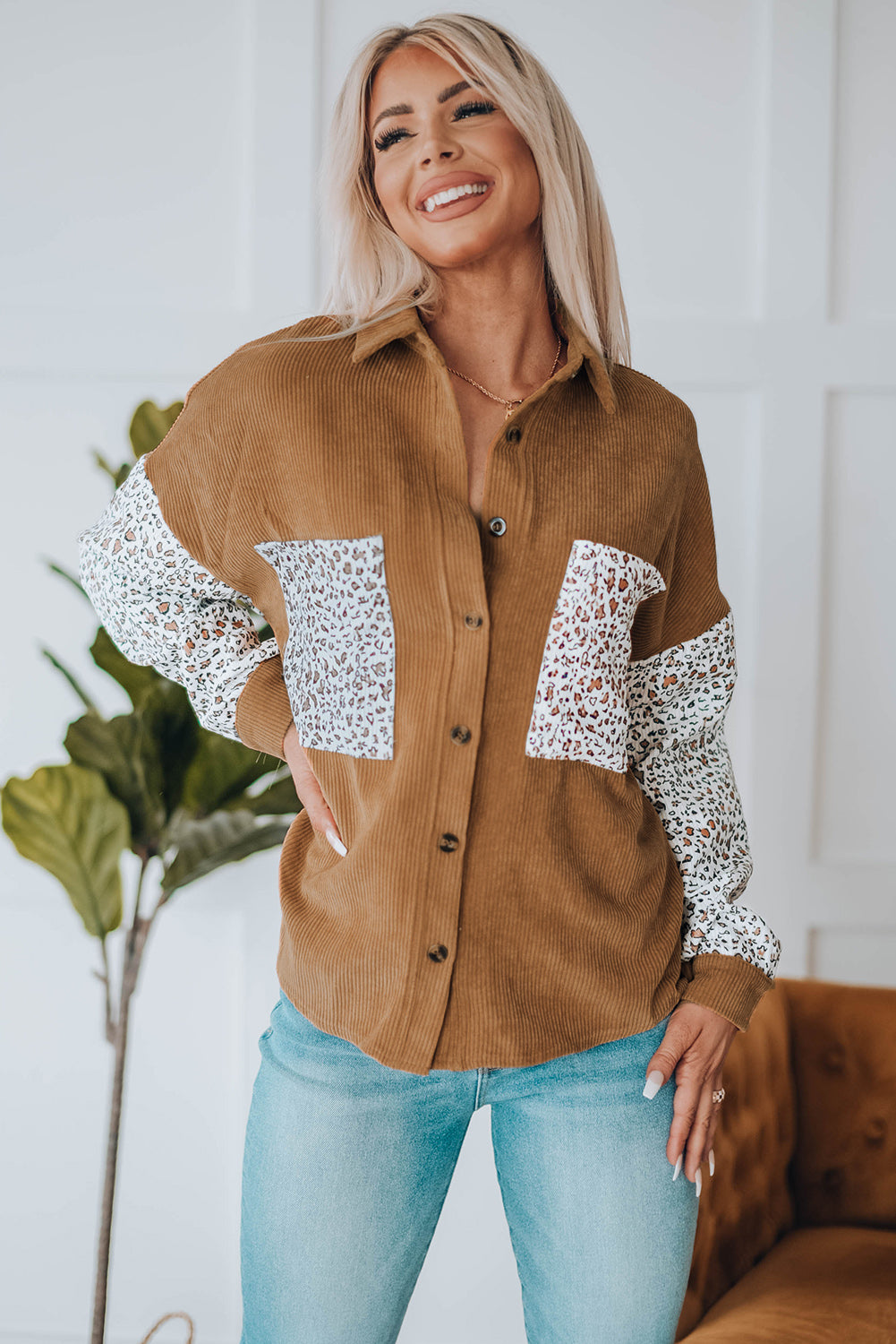 Leopard Patchwork Corduroy Buttoned Shirt Jacket featuring a stylish design with a turn-down collar and high-low hemline.