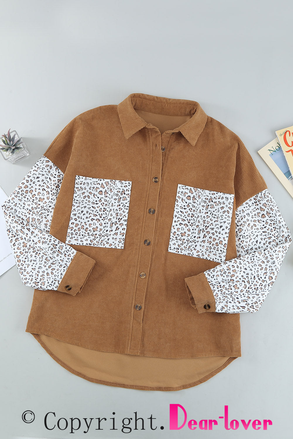 Leopard Patchwork Corduroy Buttoned Shirt Jacket featuring a stylish design with a turn-down collar and high-low hemline.