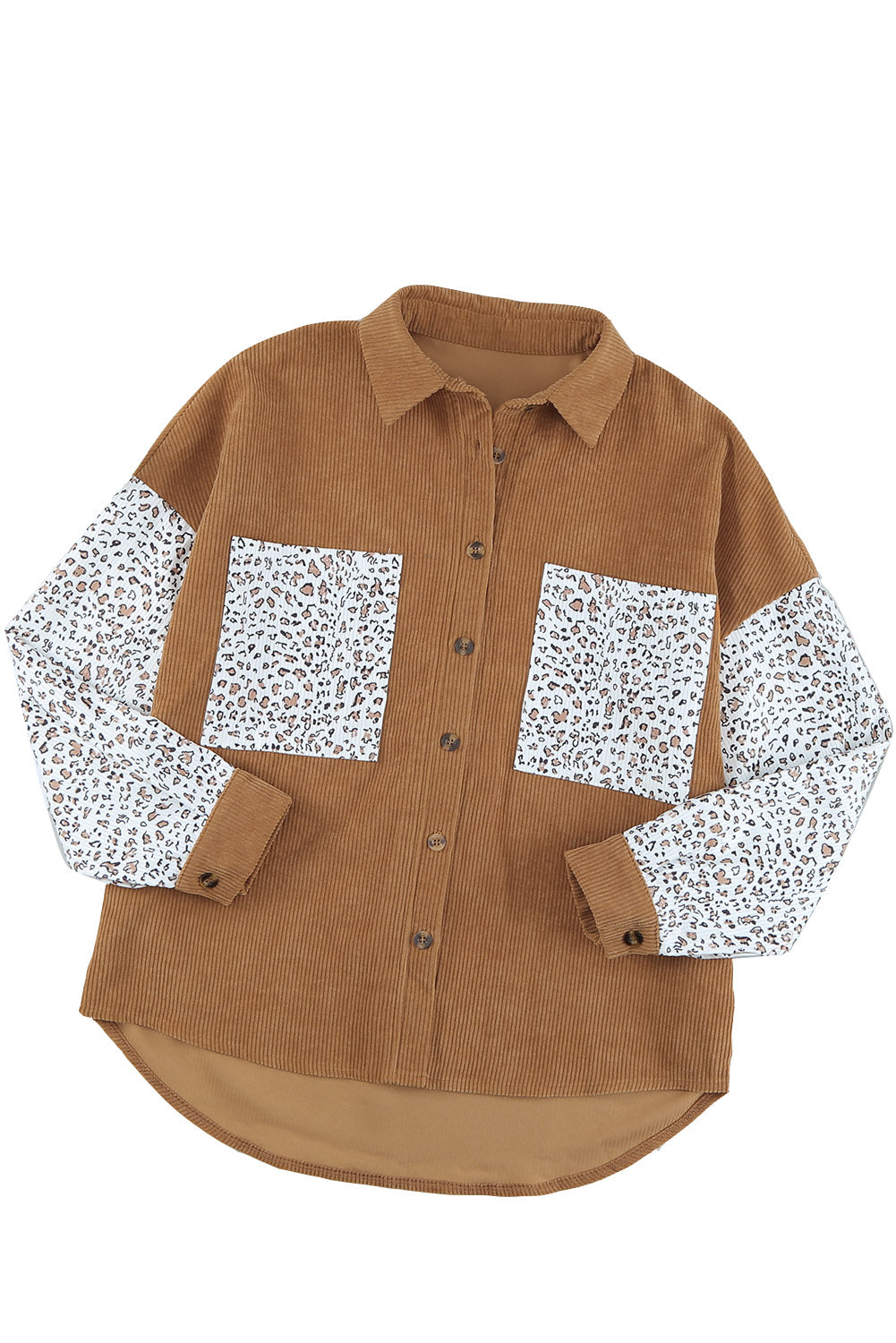 Leopard Patchwork Corduroy Buttoned Shirt Jacket featuring a stylish design with a turn-down collar and high-low hemline.