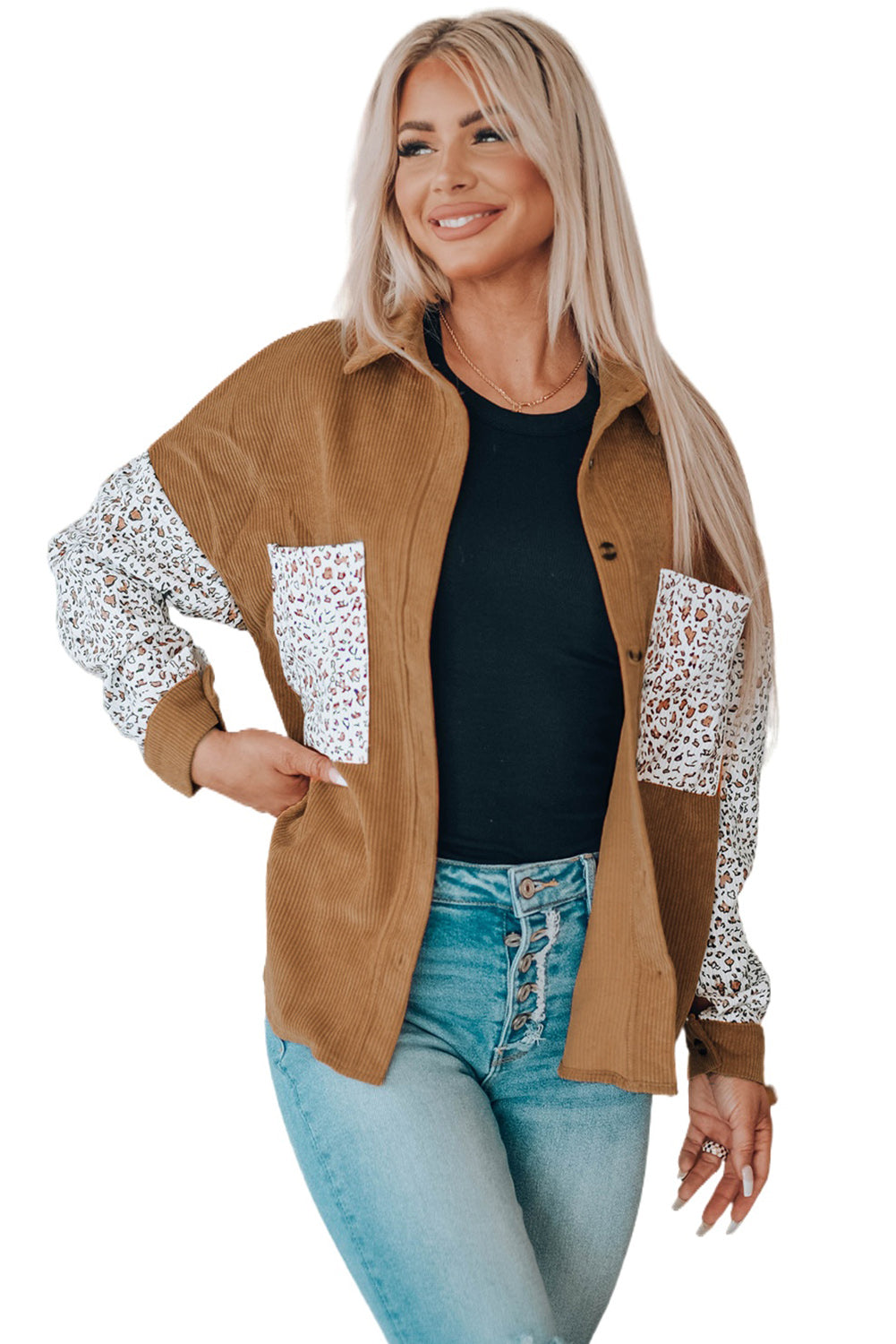 Leopard Patchwork Corduroy Buttoned Shirt Jacket featuring a stylish design with a turn-down collar and high-low hemline.