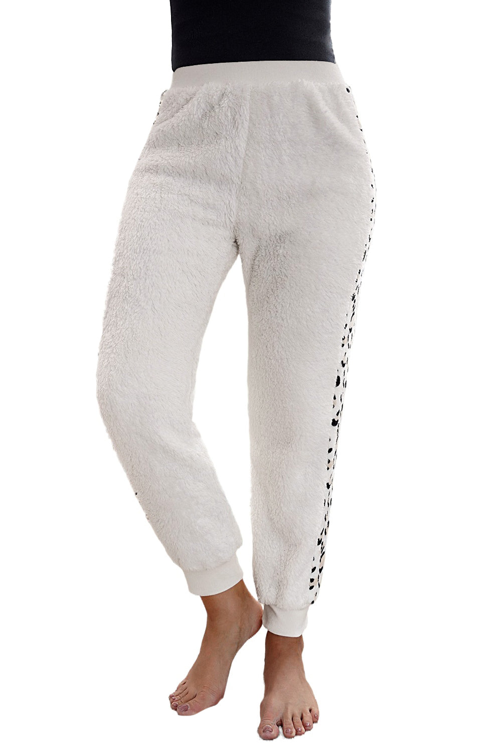 Leopard Patchwork Plush Jogger Pants showcasing stylish design and plush fabric, perfect for cold weather.