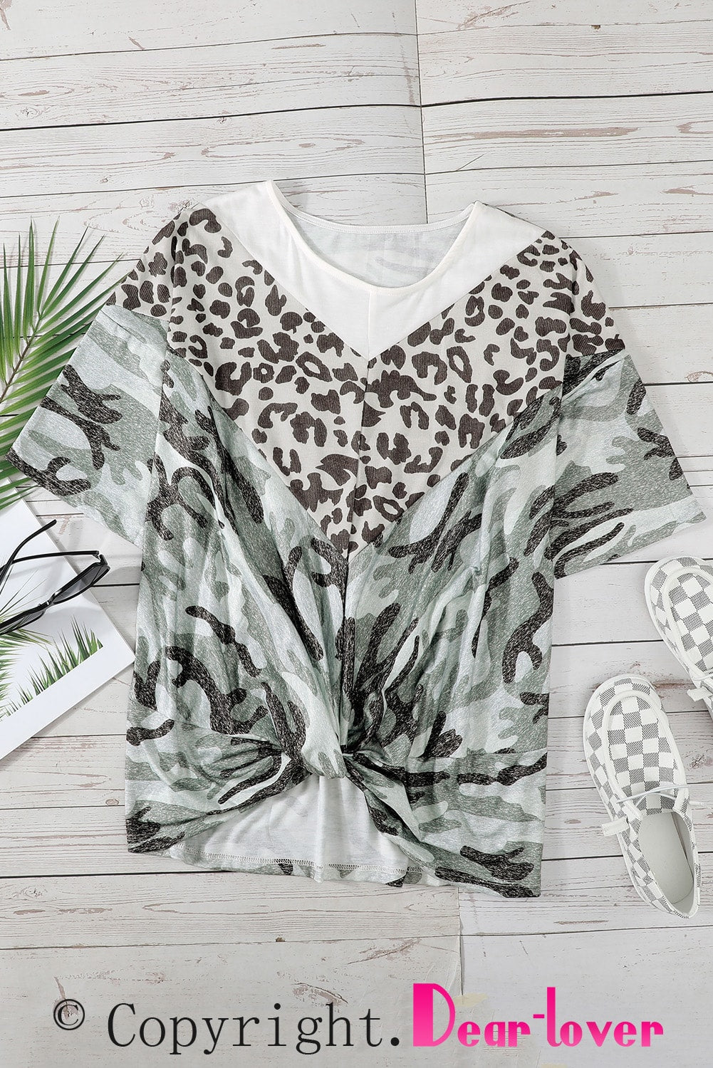 Leopard Plus Size T-Shirt featuring camo splicing and twist knot design, perfect for casual and trendy outfits.