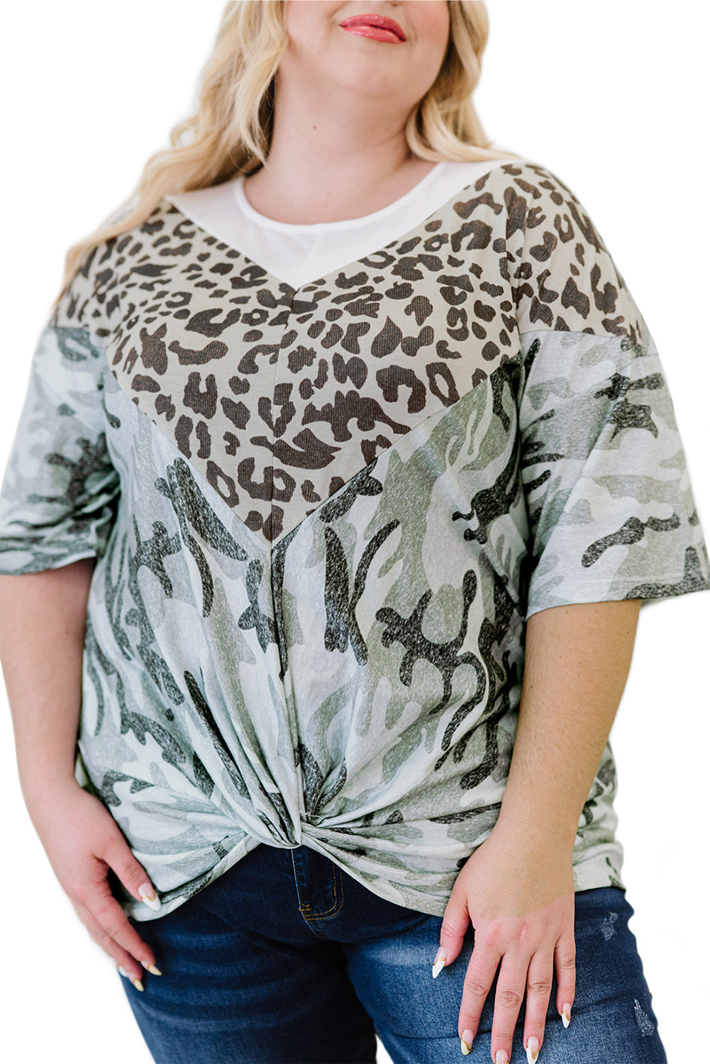 Leopard Plus Size T-Shirt featuring camo splicing and twist knot design, perfect for casual and trendy outfits.