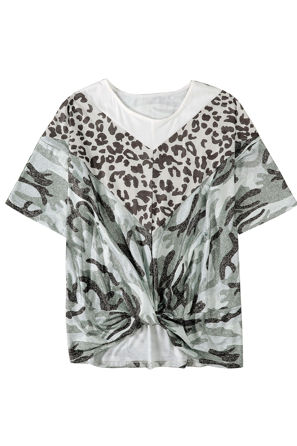 Leopard Plus Size T-Shirt featuring camo splicing and twist knot design, perfect for casual and trendy outfits.