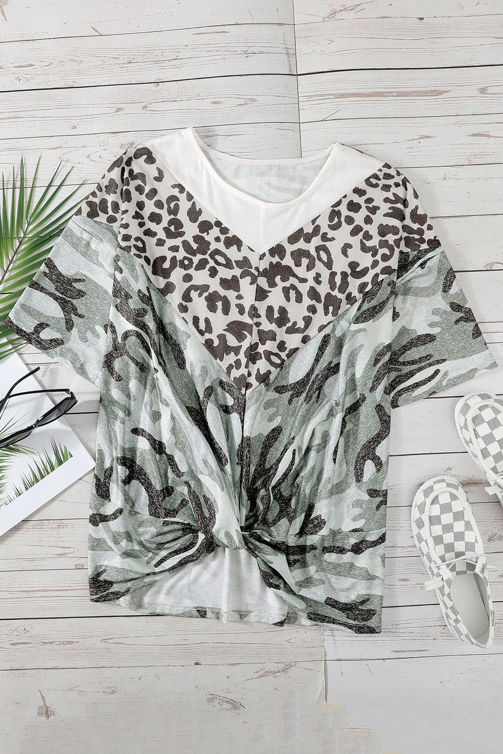 Leopard Plus Size T-Shirt featuring camo splicing and twist knot design, perfect for casual and trendy outfits.