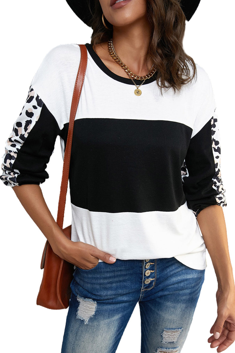 Leopard Print Colorblock Long Sleeve Top featuring a stylish design with a crew neck and long sleeves, perfect for casual wear.