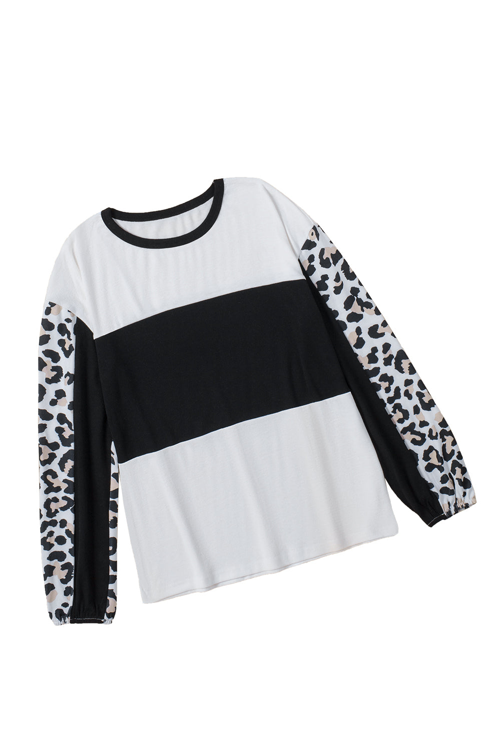 Leopard Print Colorblock Long Sleeve Top featuring a stylish design with a crew neck and long sleeves, perfect for casual wear.