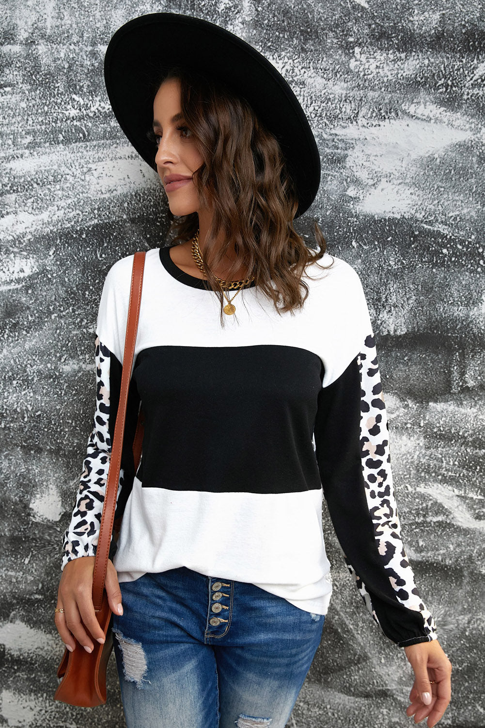 Leopard Print Colorblock Long Sleeve Top featuring a stylish design with a crew neck and long sleeves, perfect for casual wear.