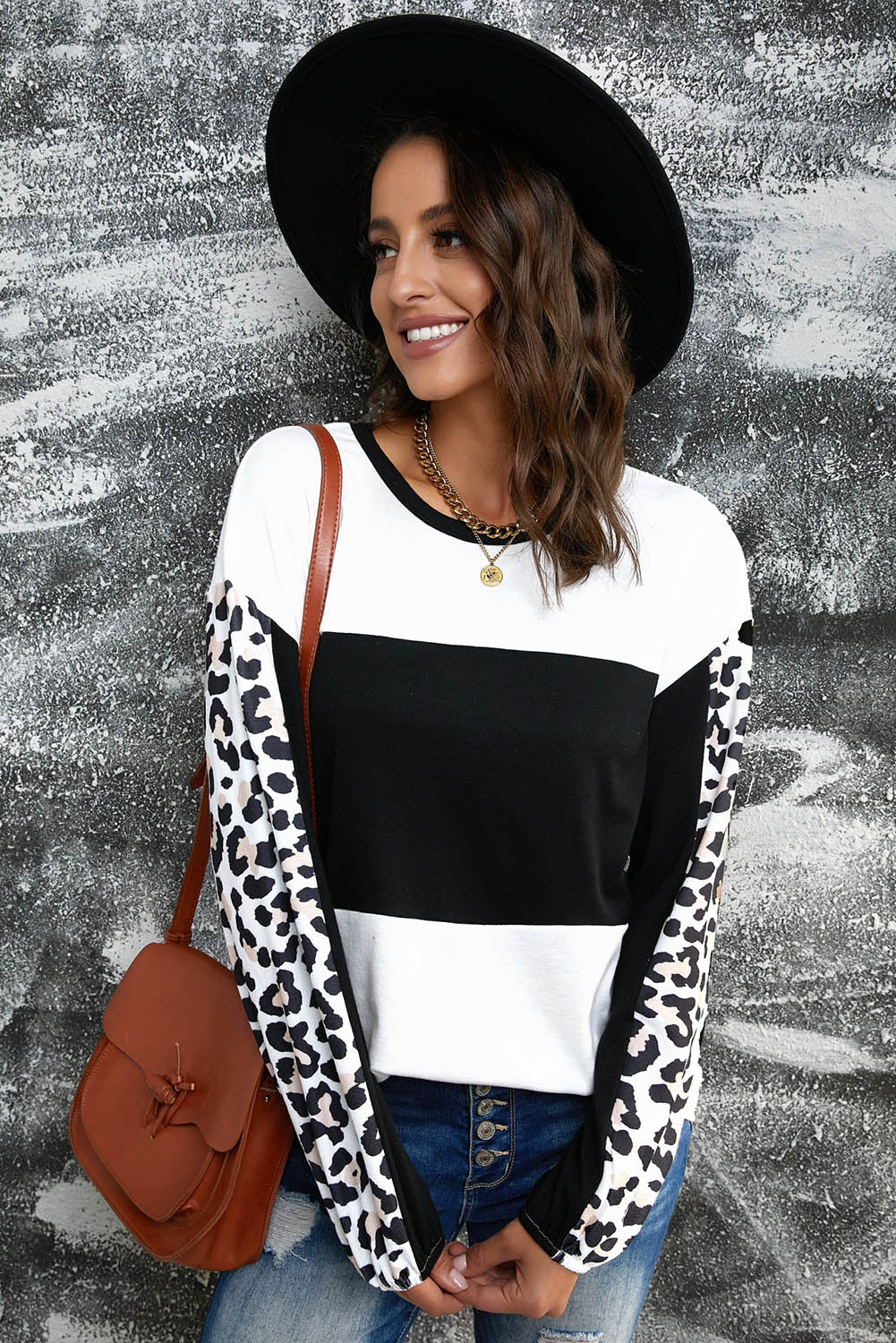 Leopard Print Colorblock Long Sleeve Top featuring a stylish design with a crew neck and long sleeves, perfect for casual wear.